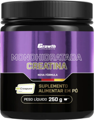 Creatina Monohidratada, peso de 250g, marca Growth Supplements, em pó, sem sabor